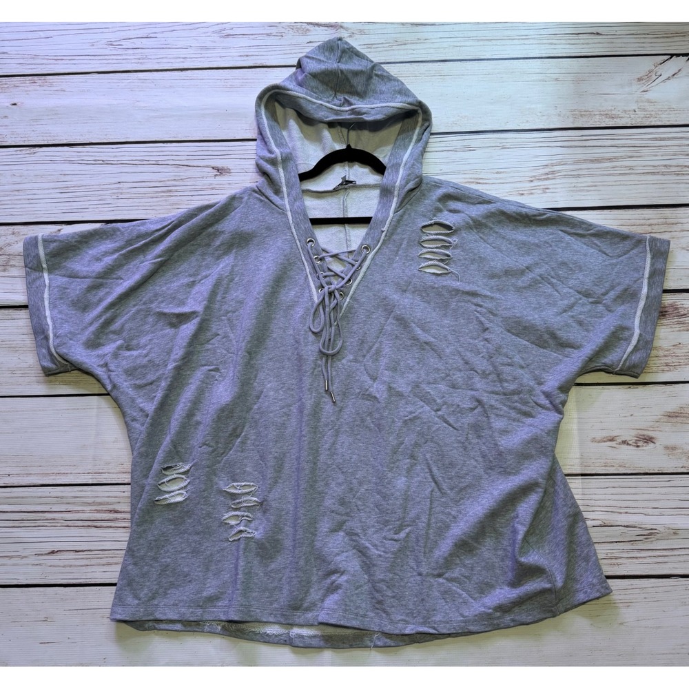 White Birch Gray Lace Up Distressed Short Sleeve Hoodie Top 3X